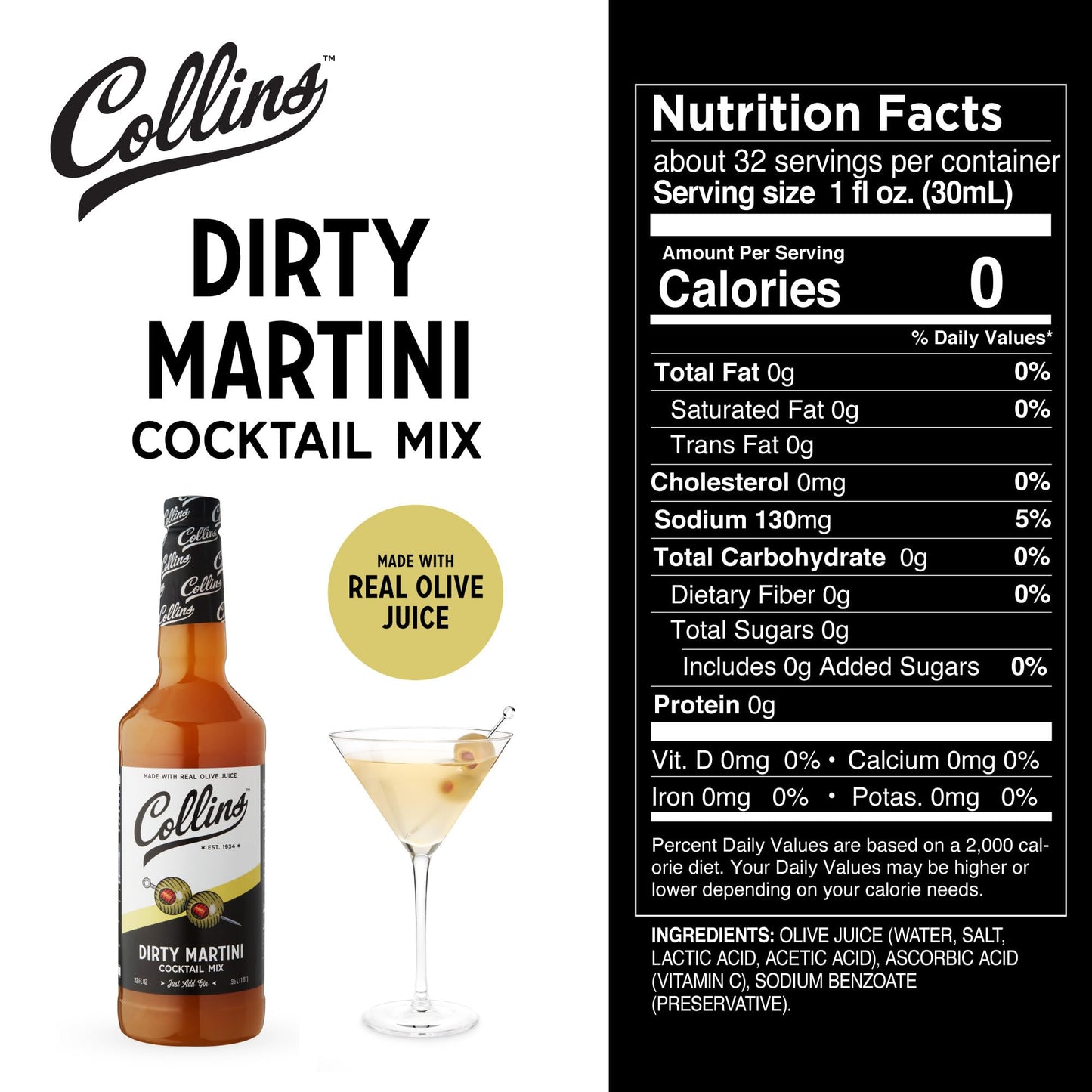 Collins Dirty Martini Mix, Made With Real Olive Brine for the Bold Flavor You Need, Classic Cocktail Recipe Ingredient, Bartender Mixer, Drinking Gifts, Home Cocktail bar, Set of 6 32 fl oz Bottles