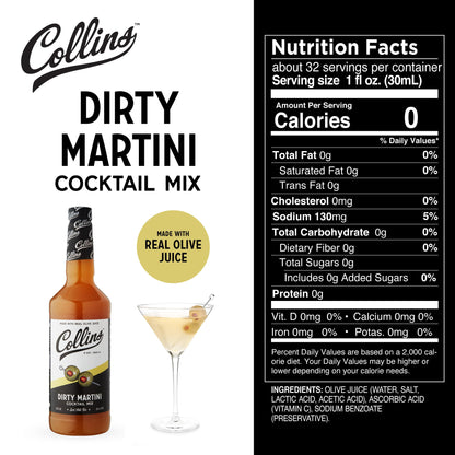Collins Dirty Martini Mix, Made With Real Olive Brine for the Bold Flavor You Need, Classic Cocktail Recipe Ingredient, Bartender Mixer, Drinking Gifts, Home Cocktail bar, Set of 6 32 fl oz Bottles