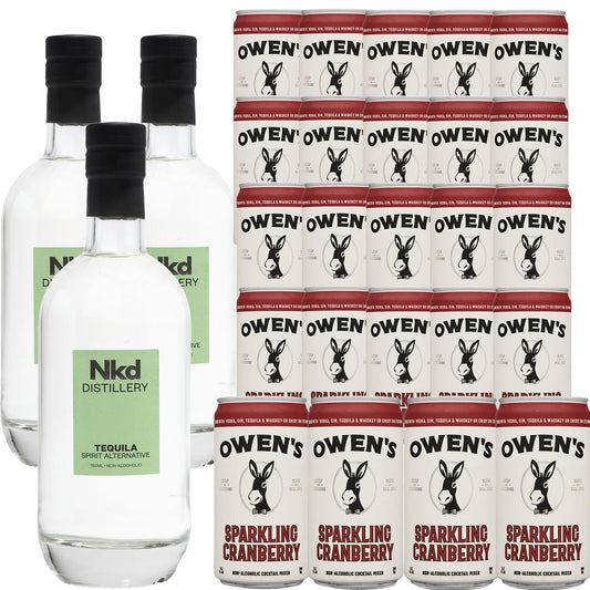 Nkd Distillery Tequila Alternative Premium Non-Alcoholic Spirit 750 ML Bottles w Owen’s Mixers Sparkling Cranberry 8.2 OZ Cans - Perfect for Mocktails - Made in USA