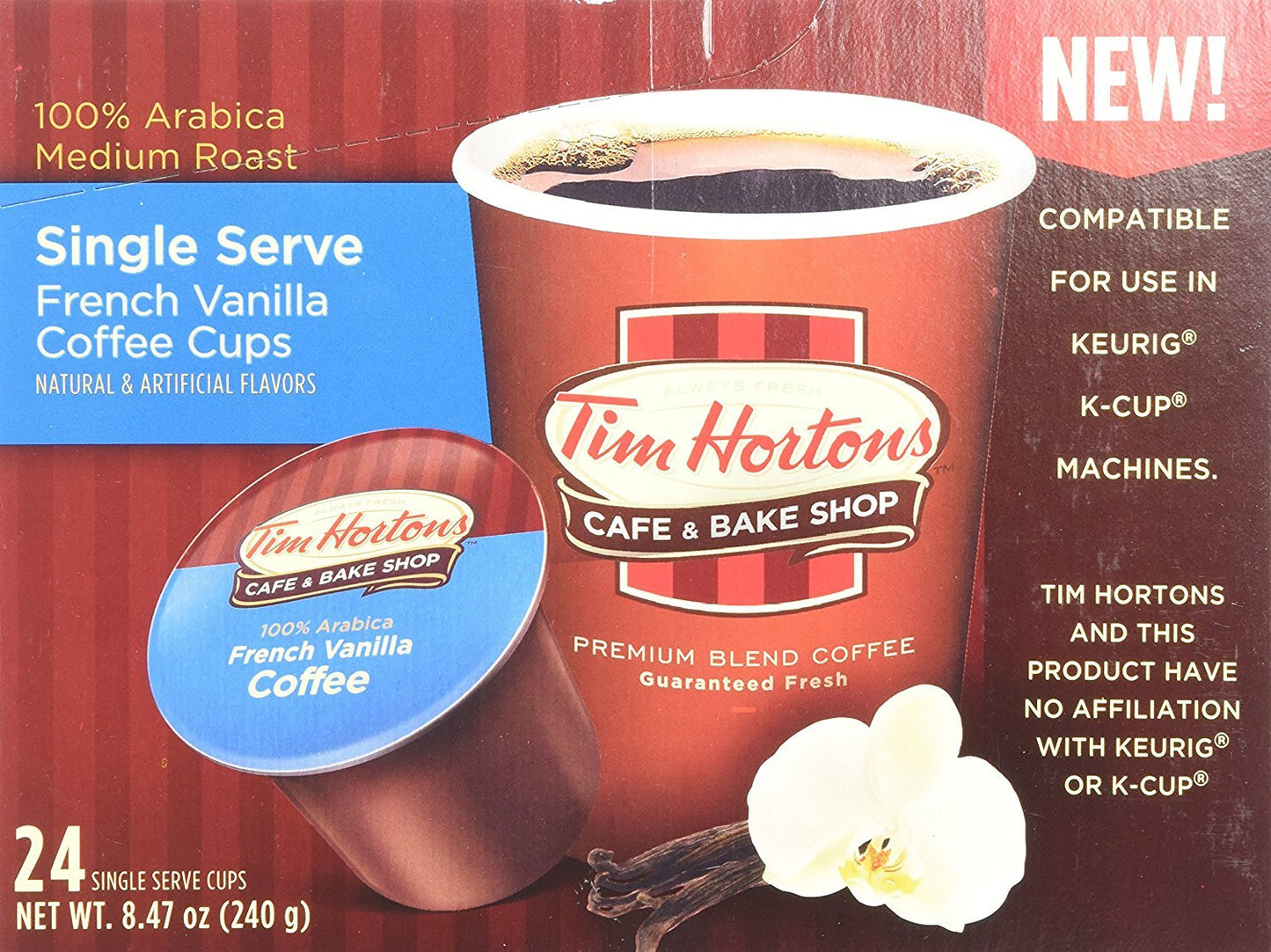 Tim Hortons French Vanilla Coffee, Single-Serve K-Cup Pods Compatible with Keurig Brewers, 12ct K-Cups