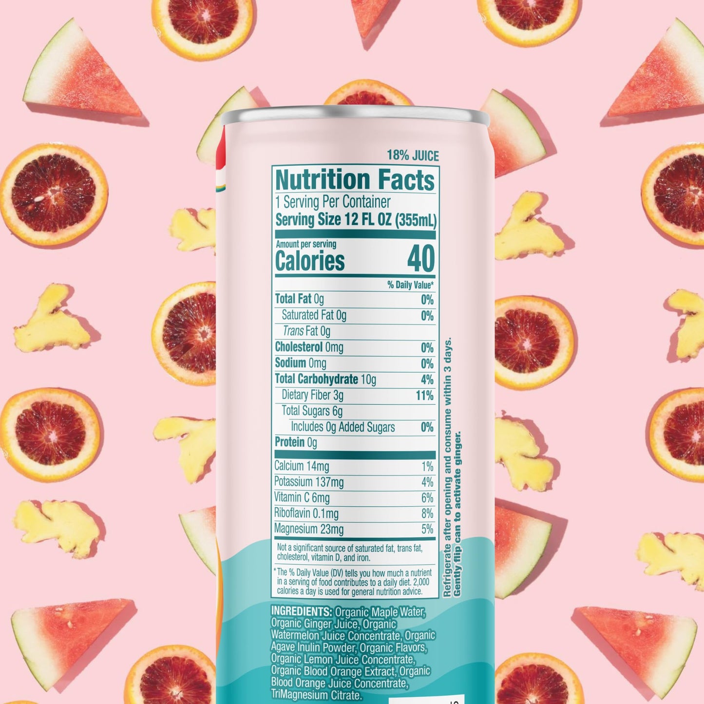 Recoup Organic Sparkling Prebiotic Drink - Ginger with Electrolytes for Gut Health Support & Hydration, No Added Sugar ((Pack of 12), Watermelon Blood Orange + Ginger)