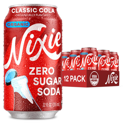 Nixie Organic Zero Sugar Soda, Classic Cola, Healthy Soda Pop, Non-GMO, 0 Sugar, 0 Calories, 40mg Caffeine, 12oz Cans (12 Pack)