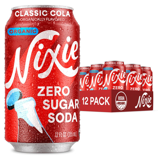Nixie Organic Zero Sugar Soda, Classic Cola, Healthy Soda Pop, Non-GMO, 0 Sugar, 0 Calories, 40mg Caffeine, 12oz Cans (12 Pack)