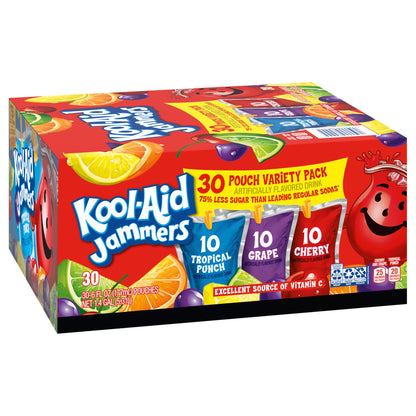Kool-Aid Jammers Drink, 30 Pouches, for School Lunches and On-the-Go Hydration, Artificially Flavored Tropical Punch, Grape and Cherry Flavors, 6 fl oz