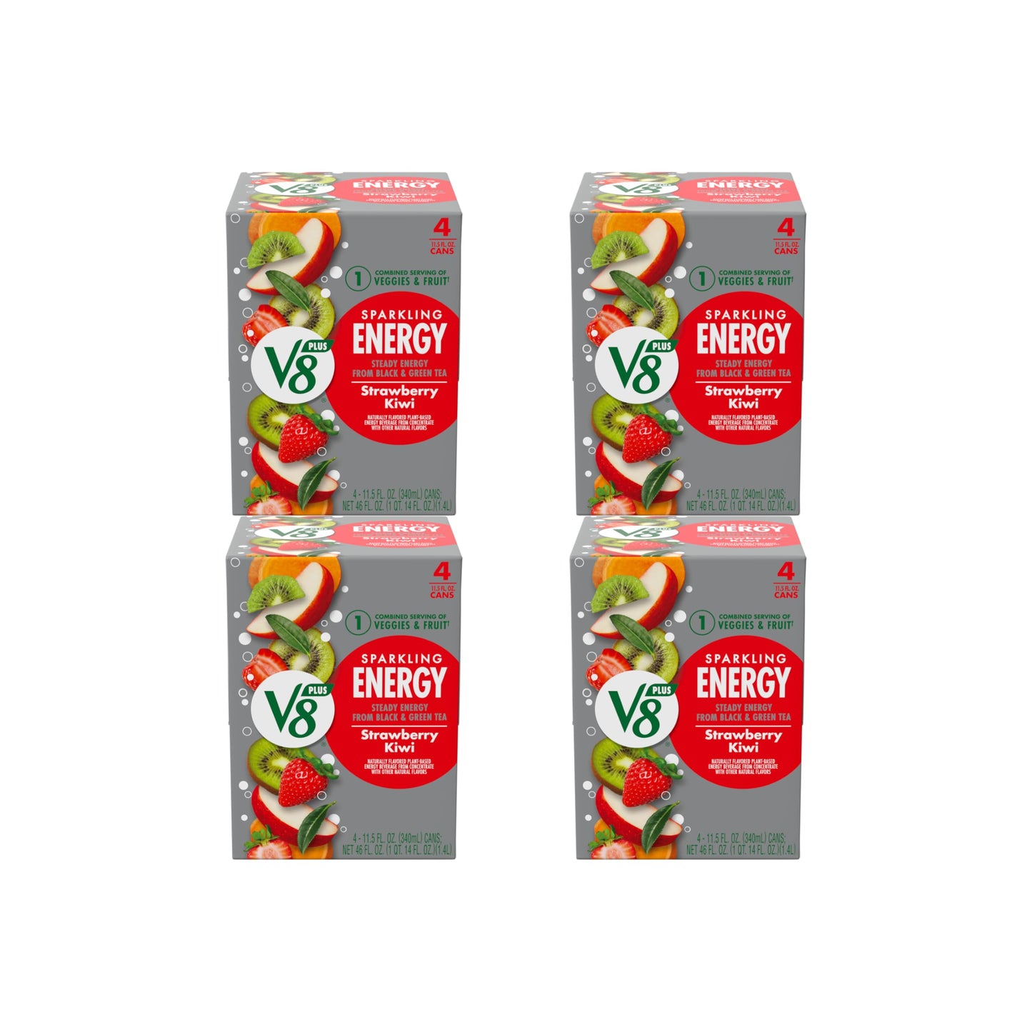 V8 +Energy Strawberry Kiwi Can | Sparkling | Juice Energy Drink | 11.5 fl oz | Pack of 16