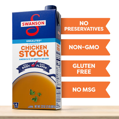 Swanson 100% Natural Unsalted Chicken Stock, 32 oz Carton (Pack of 6)