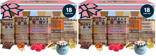 Double Donut Coffee Flavored Hot Chocolate Packets Variety Pack,18 Count Includes Classic, White Chocolate, Chocolate Raspberry, Salted Caramel, Pumpkin, French Vanilla & Peppermint (Pack of 2)