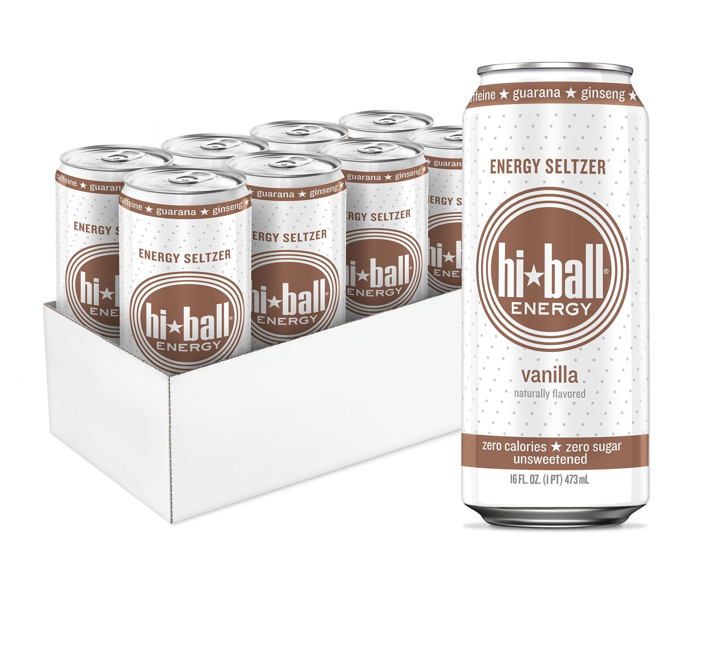 Hiball Clean Energy Drink - Vanilla - Zero Sugar, Zero Calorie Sparkling Water with 160mg Organic Caffeine, 50mg Organic Ginseng, 50mg Organic Guarana and B Vitamins - 16 fl oz (8-Pack)