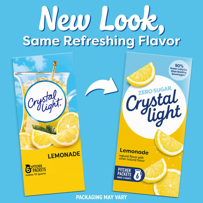 Crystal Light Drink Mix, 6 Pitcher Packets, for Flavorful Hydration and Shareable Refreshment, Lemonade, natural flavor with other natural flavor, Zero Sugar, Low Calorie, 3.2 oz