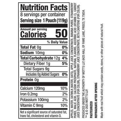 Mott’s Fruit Smoothies Strawberry Banana, 4.2 oz clear pouches, 8 Pack, Non-dairy, Made With Oatmilk, Made With Real Fruit, Good Source of Calcium, On-the-Go