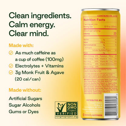 Plant Press - Organic Energy Drink, 100 mg Caffeine Clean Coffee Alternative, Full Range of Vitamins, Electrolytes, No Sugar Alcohols, No Preservatives - Grapefruit Ginger (12 Fl Oz, 12 Pk)