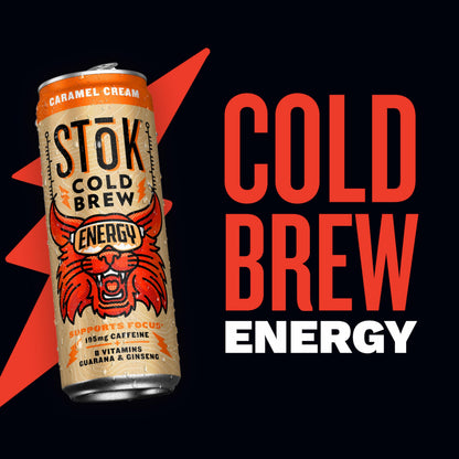 SToK Cold Brew Energy Caramel Cream, Ready to Drink Canned Coffee with 195mg Caffeine to Help Support Focus, B Vitamins, Guarana and Ginseng, 11 fl oz