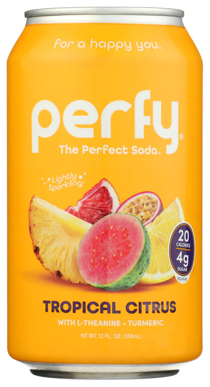 PERFY Soda Superfood Nootropic Soft Drink | Low Sugar, Low Carb, Gluten Free, Caffeine Free, Keto Soda | All Natural Soft Drink Made With Real Fruit Juice, L-theanine & turmeric | 12 Pack (Tropical Citrus)
