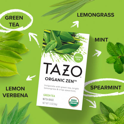 TAZO Organic Zen Green Tea Bags, Caffeine Free Tea with Refreshing Lemongrass & Spearmint, 96 Total Tea Bags (16ct - Pack of 6)