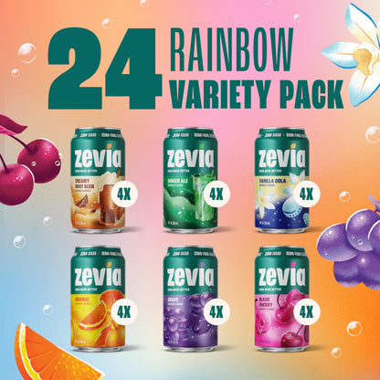 Zevia Zero Sugar Soda, Rainbow Variety Pack, 12 oz Cans (24-Pack) – Naturally Sweetened, Non-GMO Project Verified, Gluten-Free, Vegan