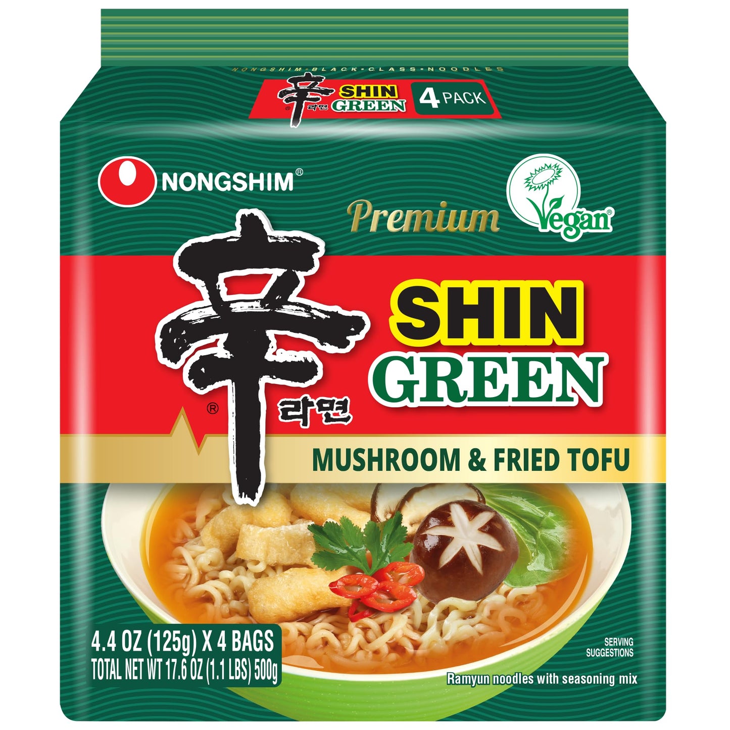 Nongshim Ramen Noodles, Gourmet Instant Ramen, Premium Microwavable Noodle Soup, Vegan Shin Green, 16-Pack