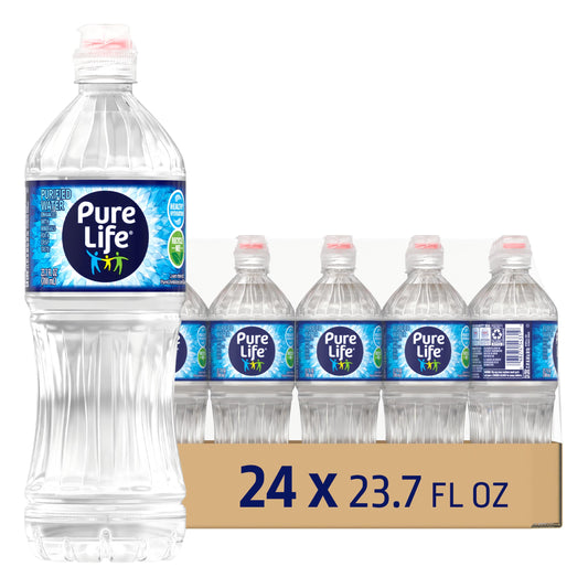 Pure Life Purified Water Bottles, 24 Pack - Still Bottled Water Enhanced with Minerals for a Crisp Taste, Plastic Bottles - 23.7 Fl Oz Sports Bottle with Flip Cap
