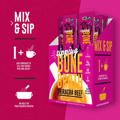 LonoLife Sriracha Chicken Bone Broth Powder Mix | 10g Protein | Collagen-Rich, Keto & Paleo Friendly | Natural Ingredients | 4 Portable Stick Pack Servings