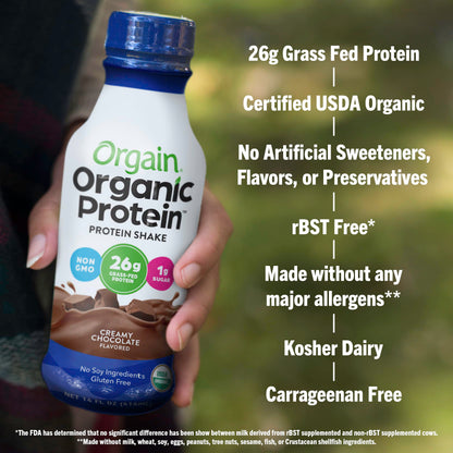 Orgain Organic Protein Shake, Grass Fed Dairy, Creamy Chocolate - 26g High Protein Whey Shake, Ready to Drink, Gluten Free, No Soy Ingredients, No Sugar Added, 14 Fl Oz (Pack of 12)