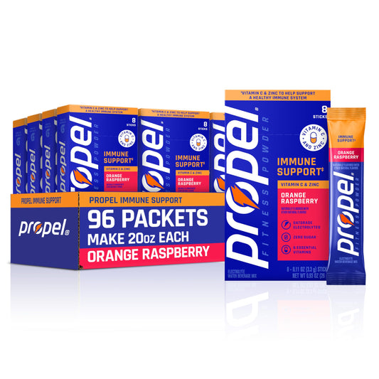 Propel Immune Support Electrolyte Powder Drink Mix, Orange Raspberry, (96 Servings), 100% DV Vitamin C, Good Source of Zinc, Zero Sugar, Gatorade Electrolytes, No Added Colors, No Artificial Flavor