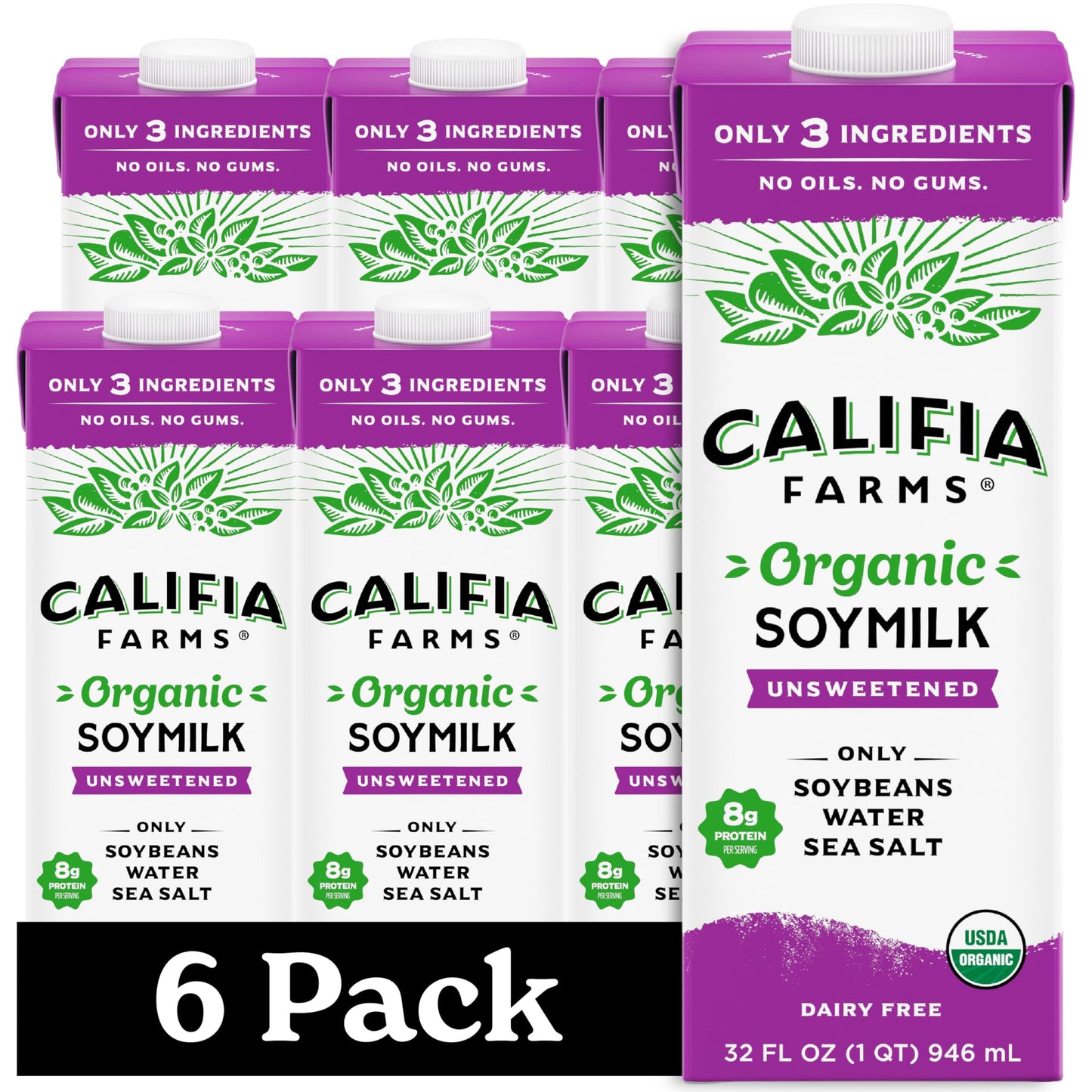 Califia Farms - Organic Soy Milk, 32 oz (6 pack), Dairy Free, Vegan, Plant Based, Vegan, Gluten Free, Non GMO, USDA Organic