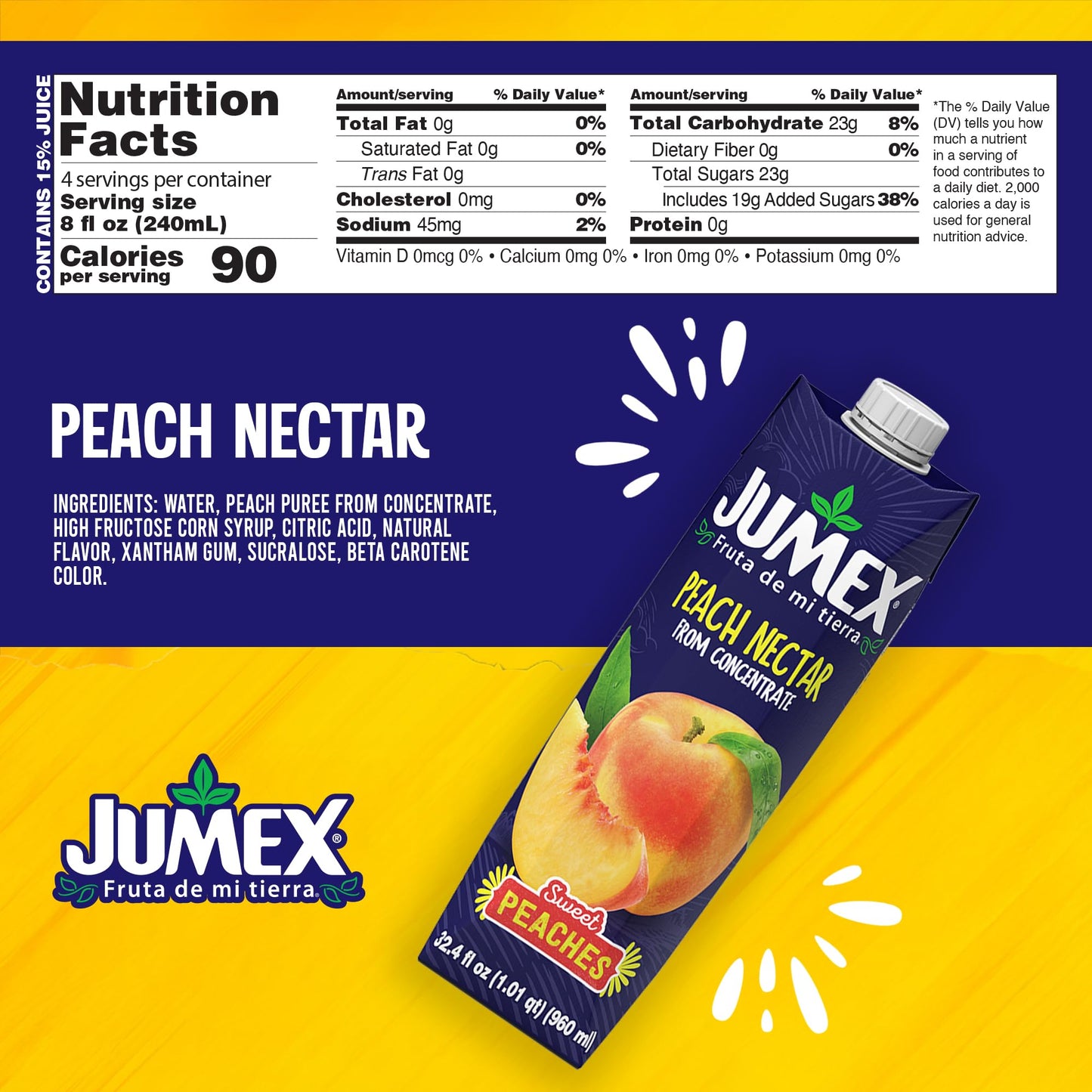 Jumex Peach Juice Nectar - Peach Nectar Made with Fresh Fruit Puree - Tropical Fruit Juice Concentrate for Smoothie Mix, Cocktail Mixers, Kids Drinks & Mexican Beverages - 32.4oz, 1 Pack Carton