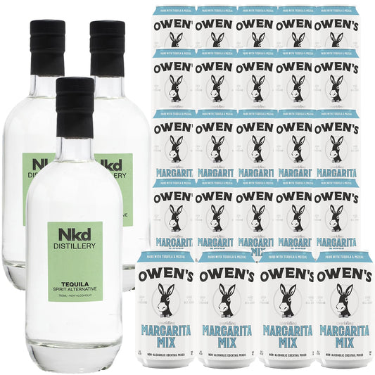 Nkd Distillery Tequila Alternative Premium Non-Alcoholic Spirit 750 ML Bottles w Owen’s Mixers Margarita 8.2 OZ Cans - Perfect for Mocktails - Made in USA