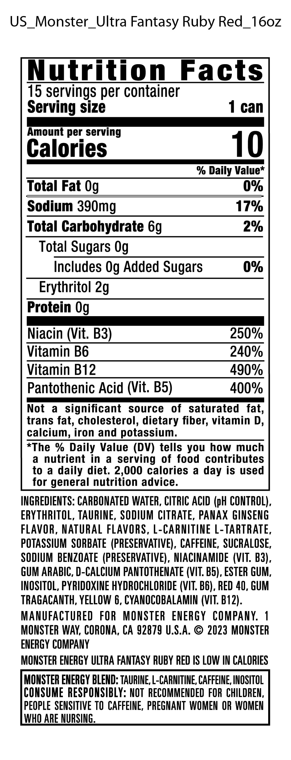 Monster Energy Ultra Fantasy Ruby Red, Sugar Free Energy Drink, 16 Ounce | Pack of 15