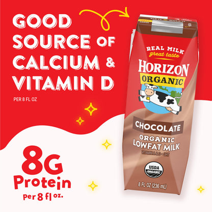 Horizon Organic Shelf Stable 1% Lowfat Chocolate Milk Boxes, 8 fl oz, 18 Count - 8g Protein per Serving, USDA Organic UHT from Pasture-Raised Cows, Ready to Drink for Lunchbox, Travel, or On-the-Go, No Refrigeration Needed