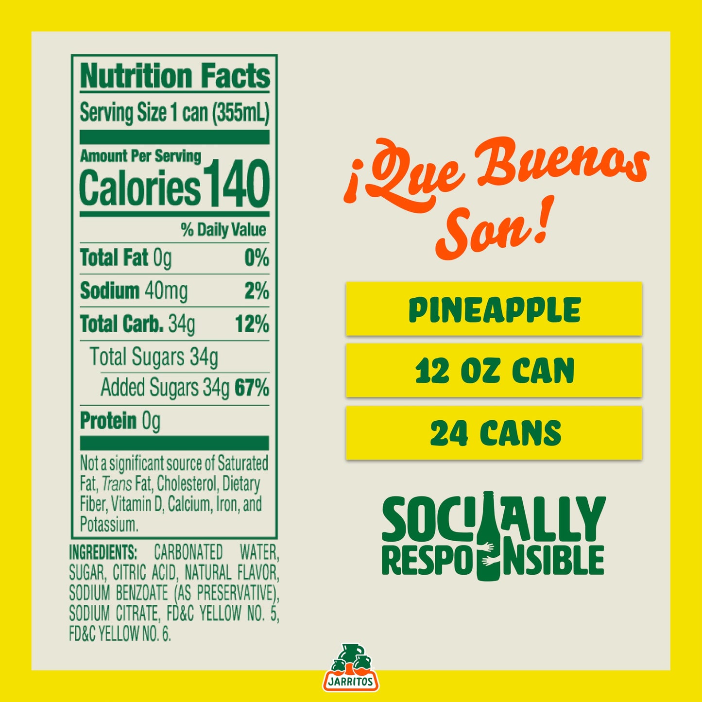 Jarritos - Mexican Soda Soft Drinks, Pineapple (12 oz, 355ml) 24 Cans (3 Boxes of 8) - Real Cane Sugar - 0g Fat - Made in Mexico - Natural Flavor Soda Pop - Party & BBQ Beverages