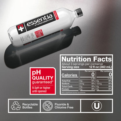 Essentia 1 Liter Bottled Water; 99.9% Pure, Infused with Electrolytes for a Smooth Taste, pH 9.5 or Higher; Ionized Alkaline Water