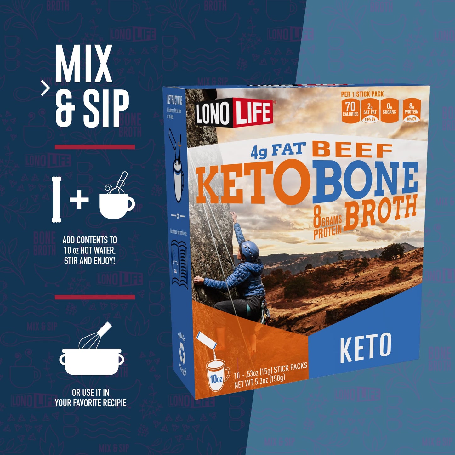 LonoLife Keto Beef Bone Broth Powder Mix | Grass-Fed, 10g Protein | Collagen-Rich, Keto & Paleo Friendly | Natural Ingredients | 10 Portable Stick Pack Servings