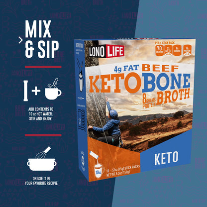 LonoLife Keto Beef Bone Broth Powder Mix | Grass-Fed, 10g Protein | Collagen-Rich, Keto & Paleo Friendly | Natural Ingredients | 10 Portable Stick Pack Servings