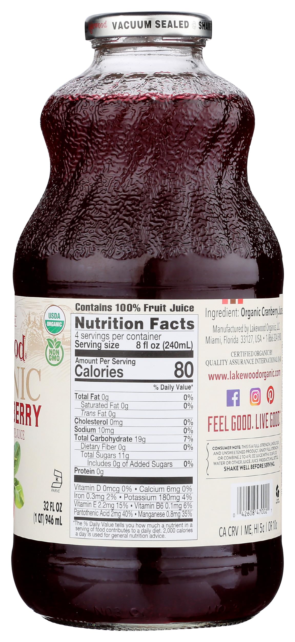 Lakewood Organic Cranberry Juice, 32 Fl Oz