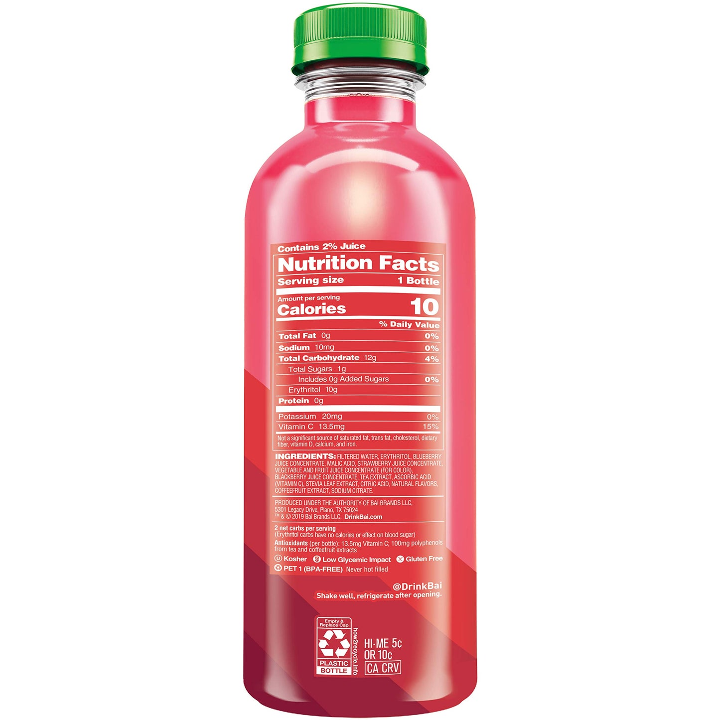 Bai Boost Watamu Strawberry Watermelon, Antioxidant Infused Beverage, 18 fl oz bottle (Pack of 12)