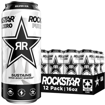 Rockstar Pure Zero Energy Drink, Silver Ice, 0 Sugar, with Caffeine and Taurine, 16oz Cans (Pack of 12) (Packaging May Vary)