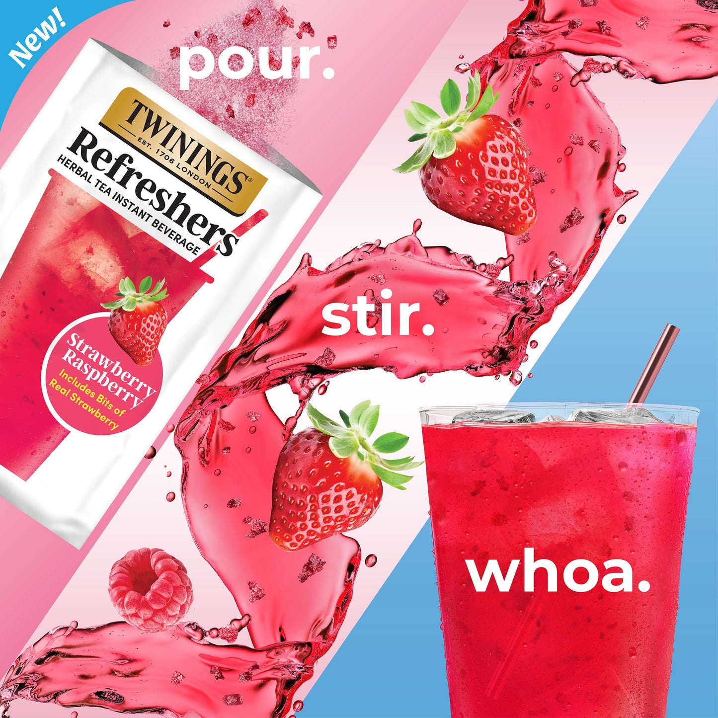 NEW Twinings Strawberry Raspberry Refreshers, Herbal Tea Instant Beverage with Real Strawberry Fruit Bits, 5 Count (Pack of 1), Café Style, No Artificial Sweeteners, Naturally Caffeine-Free, 5 Packets