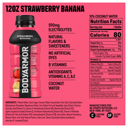 BODYARMOR Sports Drink, Strawberry Banana, Electrolyte Drink Hydration, 12 Fl Oz Bottles (8 Pack), Flavored Coconut Water with B Vitamins & Antioxidants