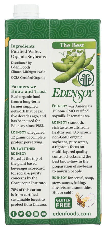Edensoy Unsweetened Eden Organic Soymilk, Non-GMO, USA Whole Soy (Soya) Milk, Non-Dairy, Vegan, Plain, Shelf Stable, 32 oz