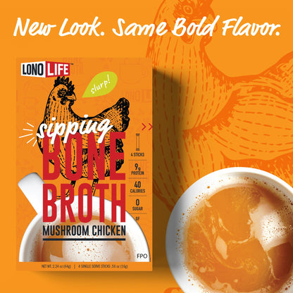 LonoLife Mushroom Chicken Bone Broth Powder Mix | 10g Protein | Collagen-Rich, Keto & Paleo Friendly | Natural Ingredients | 4 Portable Stick Pack Servings