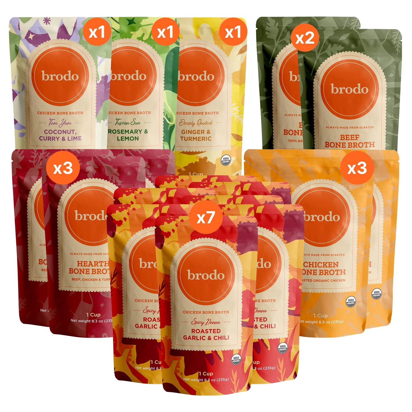 Brodo Bone Broth Bundle, Variety, Classic, and Spicy Nonna Packs, 8.3 oz (18 Cups Total)