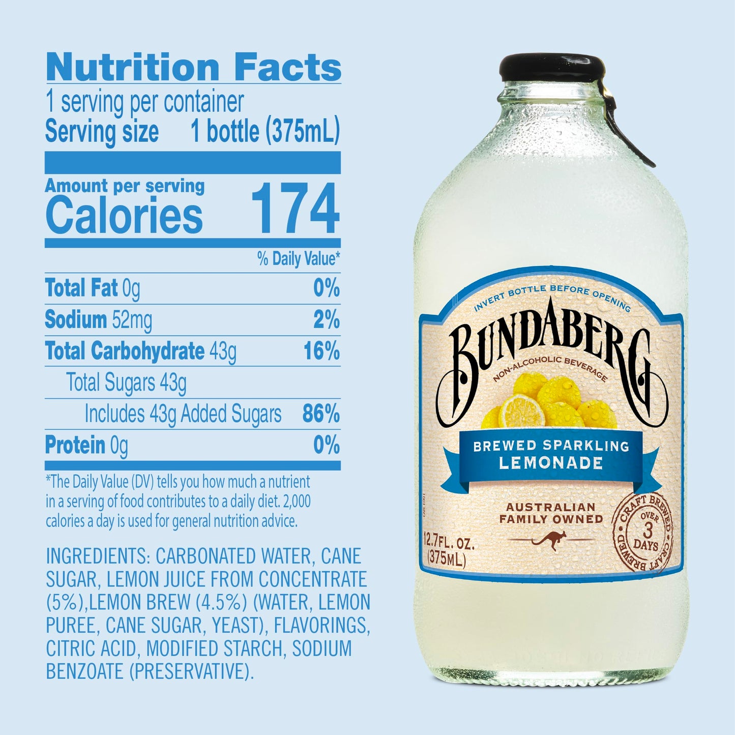 Bundaberg Sparkling Fruit Drink, Lemonade 12.7 Fl Oz Bottles (Pack of 4)