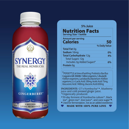 SYNERGY The Real Kombucha - Gingerberry - 16 fl oz Bottle - Raw Probiotic Drink for Gut Health and Immune Support