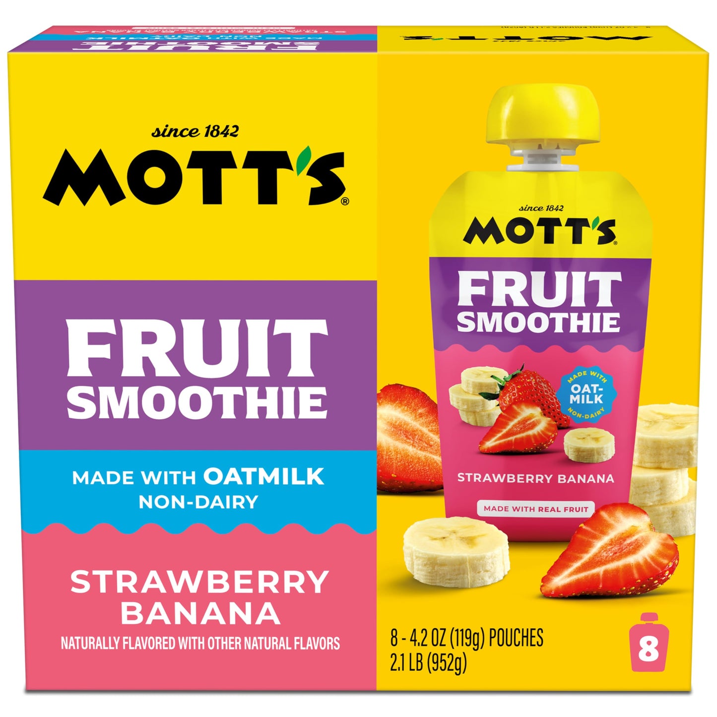 Mott’s Fruit Smoothies Strawberry Banana, 4.2 oz clear pouches, 8 Pack, Non-dairy, Made With Oatmilk, Made With Real Fruit, Good Source of Calcium, On-the-Go