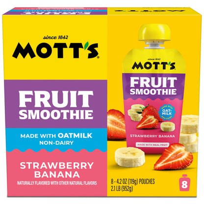 Mott’s Fruit Smoothies Strawberry Banana, 4.2 oz clear pouches, 8 Pack, Non-dairy, Made With Oatmilk, Made With Real Fruit, Good Source of Calcium, On-the-Go