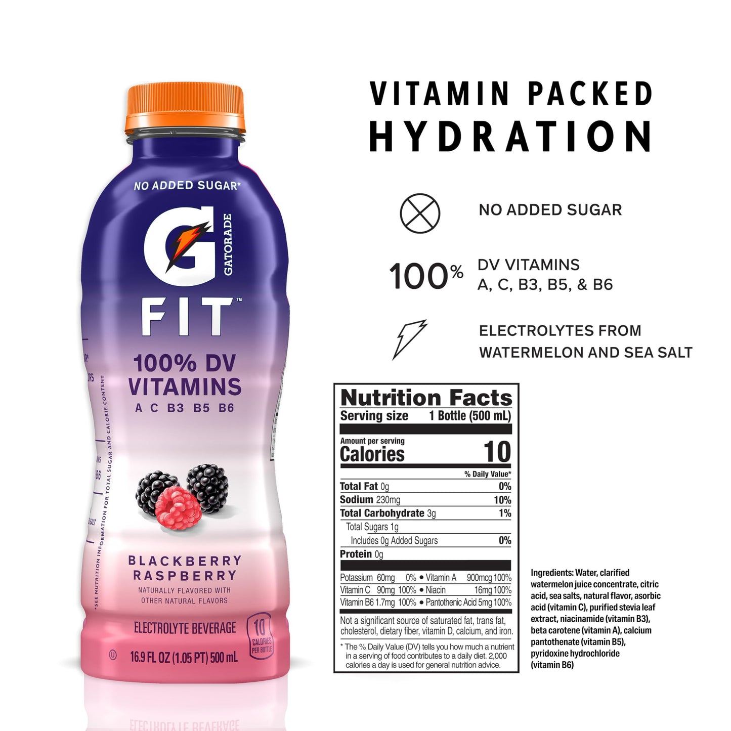 Gatorade Fit Electrolyte Beverage,Healthy Real Hydration,Blackberry Raspberry,16.9.oz Bottles,(Pack of 24)