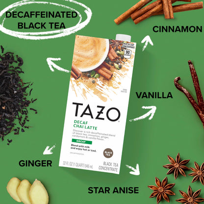 TAZO Decaf Chai Latte, Black Tea Concentrate, Easy-to-Serve Chai Tea for Everyday Lattes, Hot or Iced Tea and Mocktails, 32 oz Tea Mix Carton