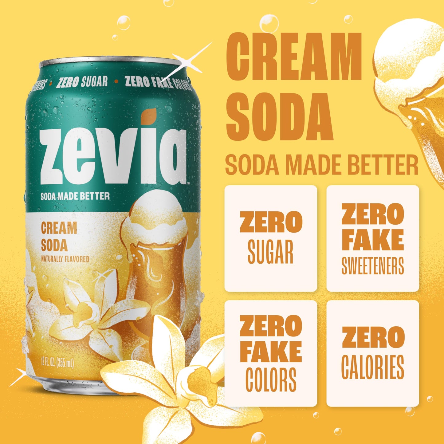 Zevia Zero Sugar Soda, Cream Soda, 12 Ounce Cans (Pack of 12)