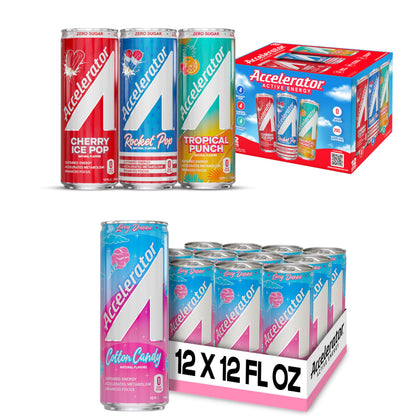Accelerator Active Energy Drink Sugar Free Zero Carbs – Variety Pack & Cotton Candy, 12oz Can (12 Pack Each) with 200mg Natural Caffeine, Ashwagandha, CoQ10 & Green Tea for Focus & Energy