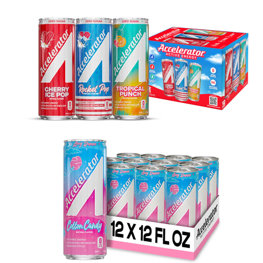 Accelerator Active Energy Drink Sugar Free Zero Carbs – Variety Pack & Cotton Candy, 12oz Can (12 Pack Each) with 200mg Natural Caffeine, Ashwagandha, CoQ10 & Green Tea for Focus & Energy